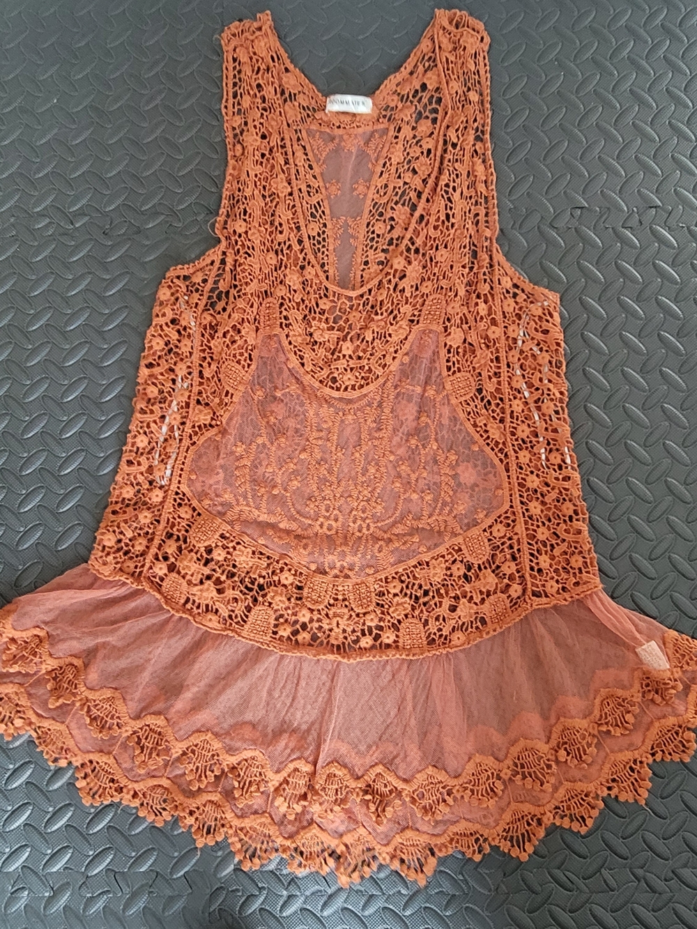 Roommates Sheer Burnt Orange Crochet Lace Tank Top with Peplum Hem 1X